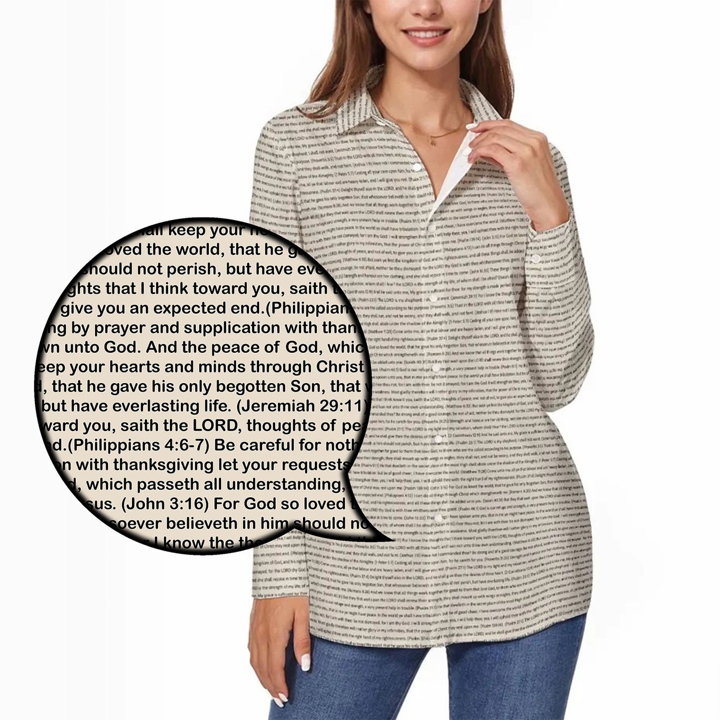 Women's Long Sleeve Cotton Linen Shirt | Personalize Bible Verse & Scripture