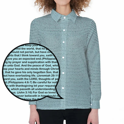 Women Long Sleeve Gathered-Back Shirt | Bible Verse & Scripture