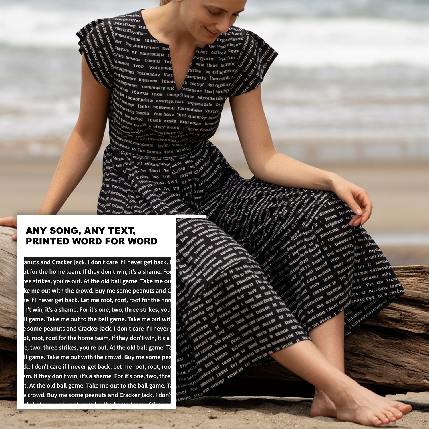 Women's Flutter Tiered Midi Sundress | Personalized Song Lyrics Prose Print Women's Flutter Tiered Midi Sundress | Personalized Song Lyrics Prose Print