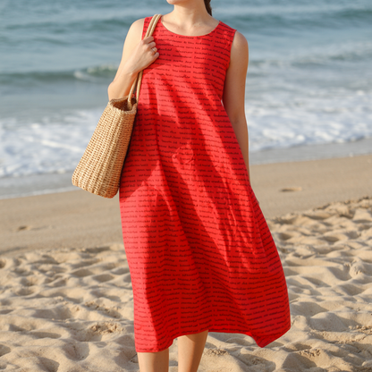 Women's Cotton Linen Texture Sleeveless Midi Dresses | Personalized Song Lyrics
