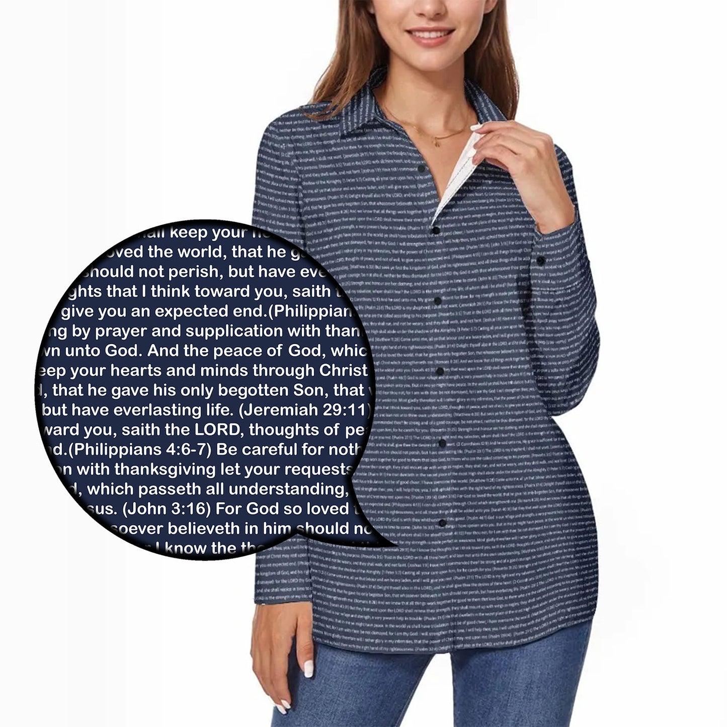 Women's Long Sleeve Cotton Linen Shirt | Personalize Bible Verse & Scripture